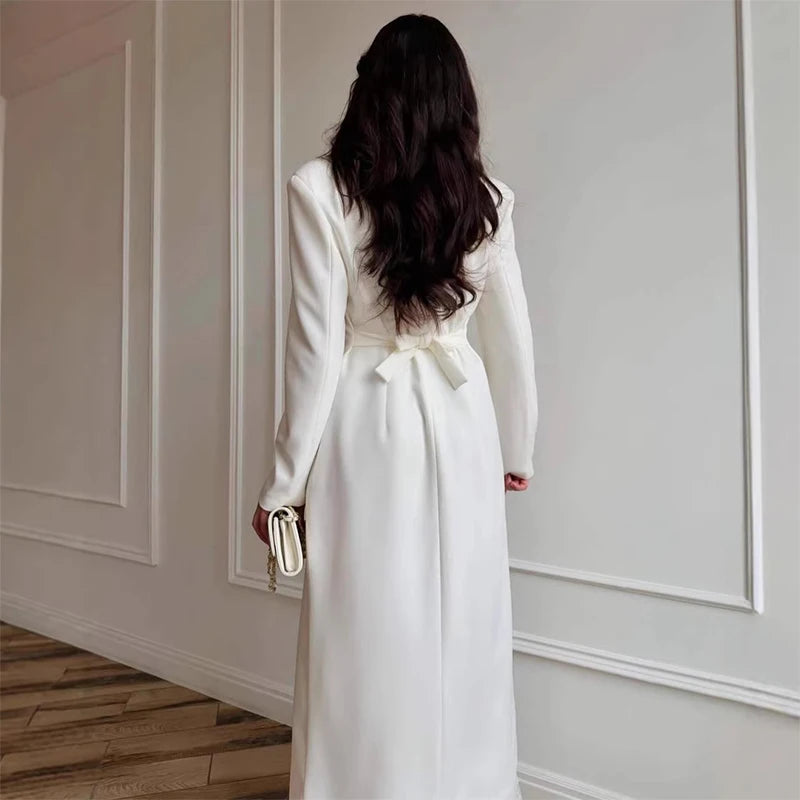 Spring Sexy V-neck Single Breasted Long Dress Women's Causal Long Sleeve Solid Color Party Dress Elegant Commute Tassel Dresses