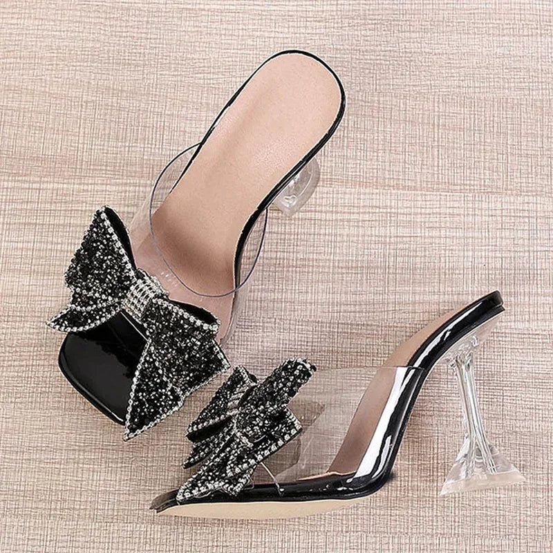 Transparent Crystal Bowknot High Heel Mules for Women