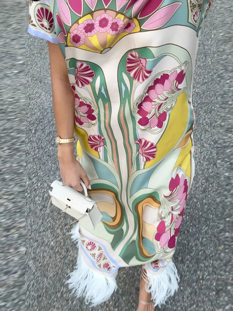Elegant Floral Print Feather Hem Maxi Dress For Women