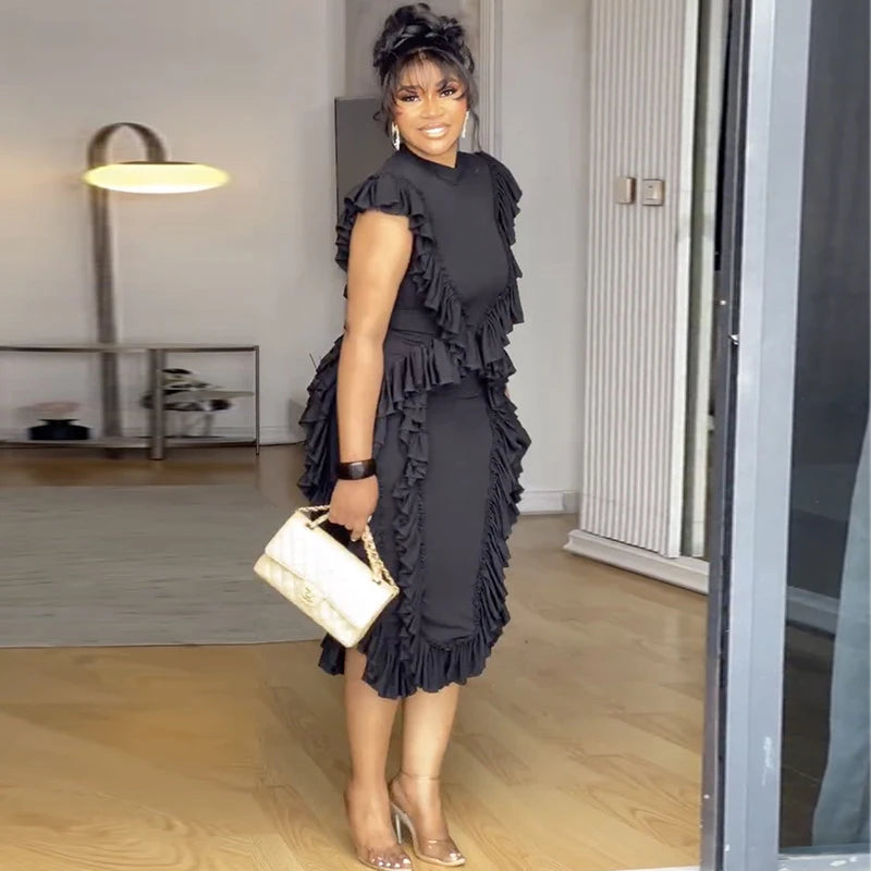 Vintage Ruffle Trim Sleeveless Midi Dress For Women