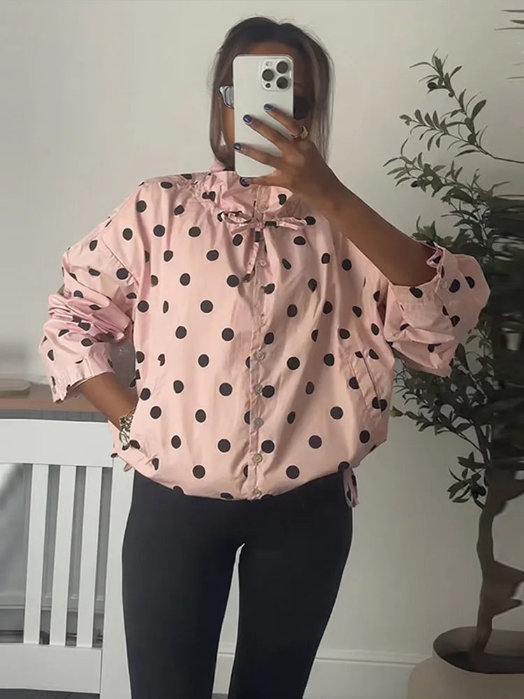 Polka Dot Lace Up Stand Collar Single Breasted Jacket for Women