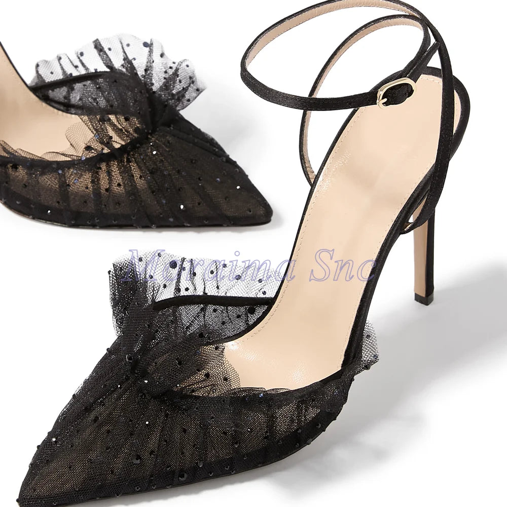 Pink Pointed Toe Ruffled Rhinestone Stiletto Sandals for Women