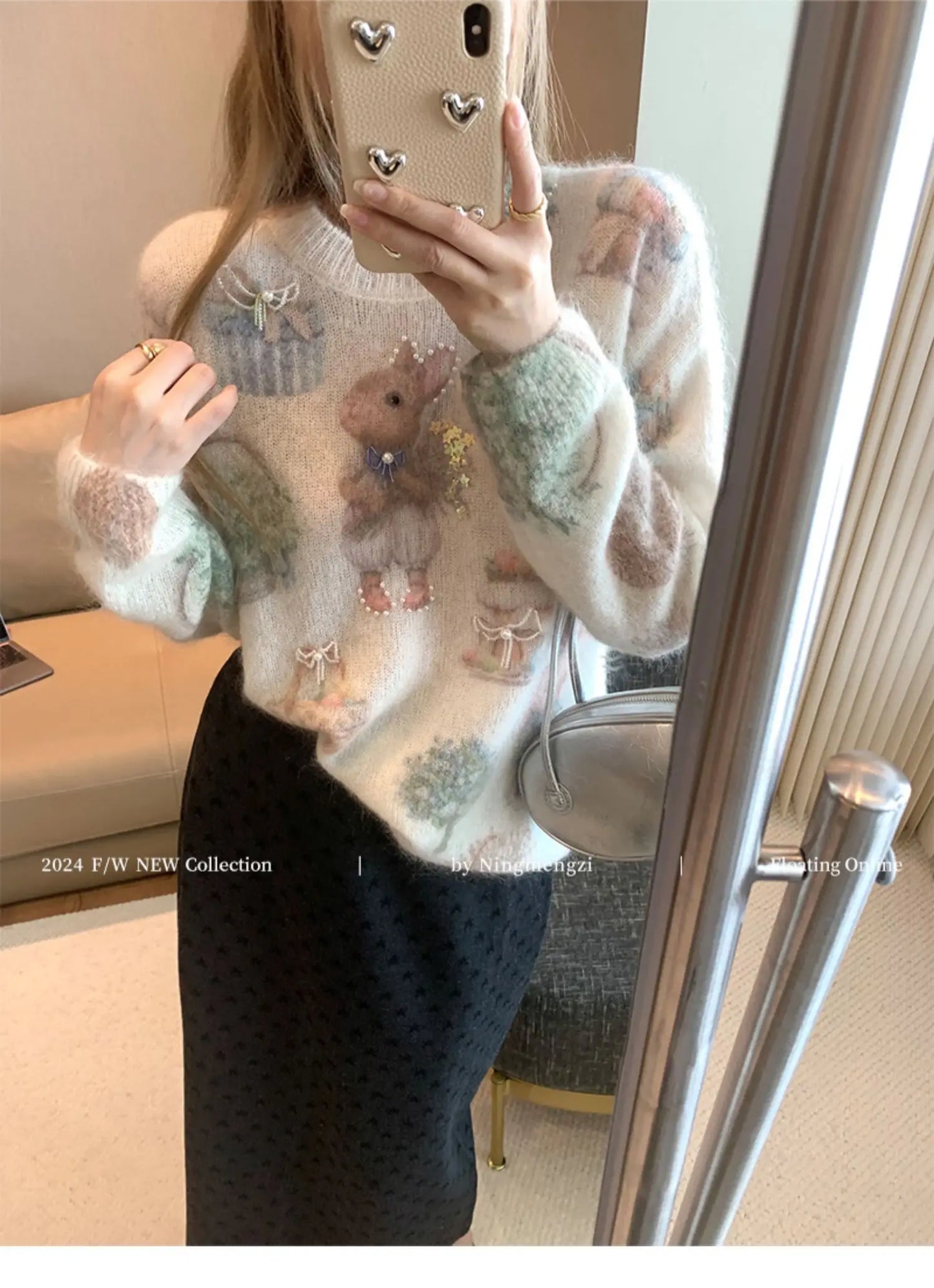 Rabbit Print Beaded Knit Sweater