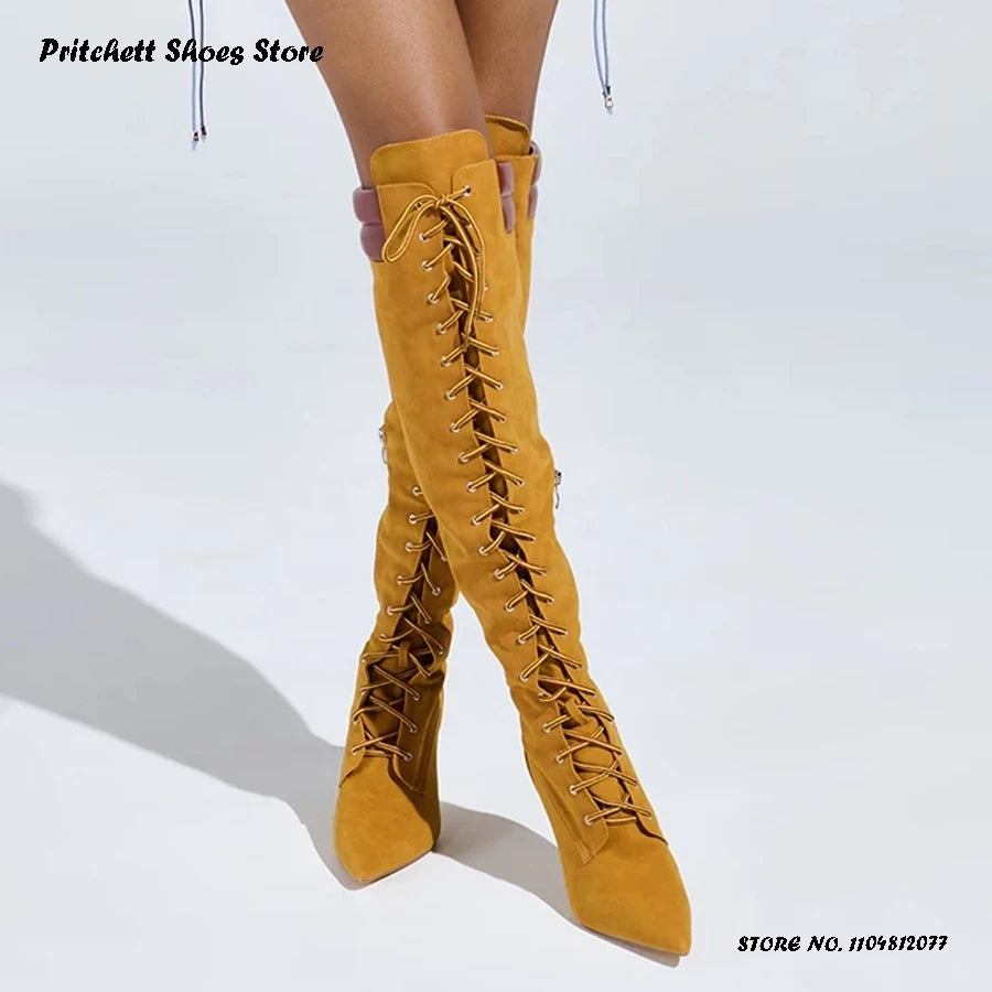 Cross Tied Pointed Toe Knee High Boots With Side Zipper For Women