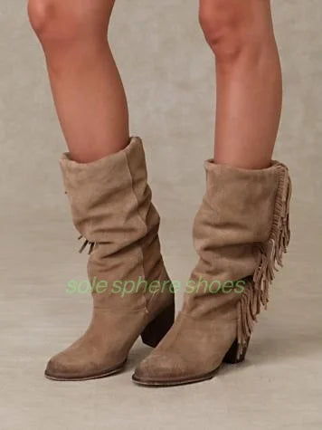 Fall Tassel Detail Suede Chic Mid Calf Boots for Women