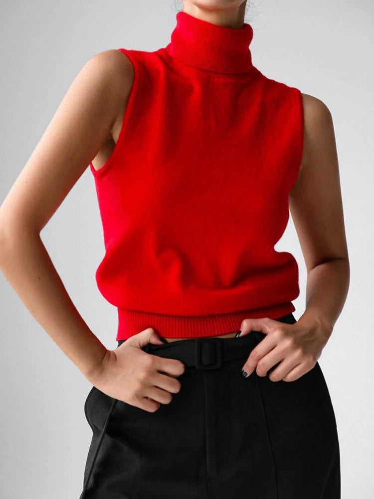 Slim Fit Knit Sleeveless Turtleneck Tank Top for Women