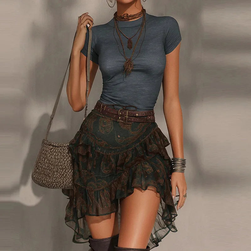 Ruffle Patchwork Mini Skirt Two Piece Set for Women