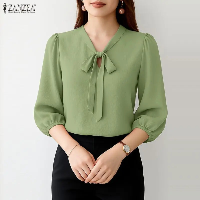 Crinkled Bow Tie Neck Puff Sleeve Blouse for Women