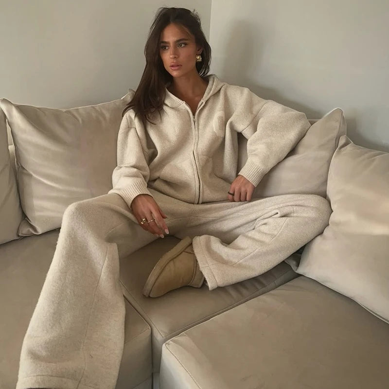 Letter Print Hooded Two Piece Set With Wide Leg Pants for Women