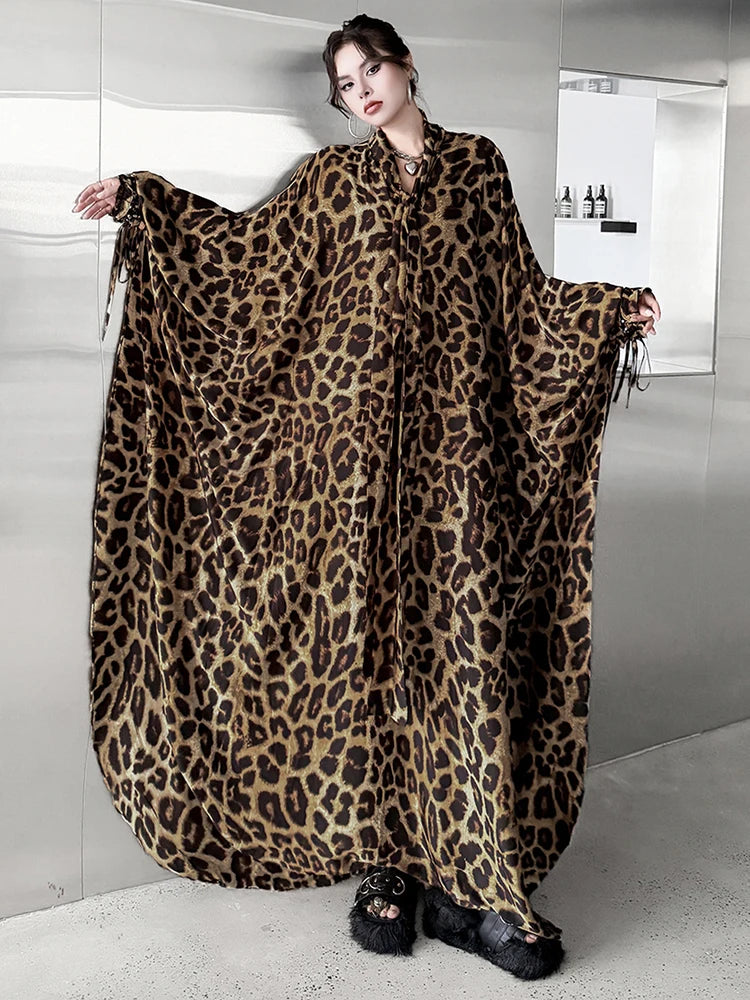Leopard Print V-Neck Long Sleeve Midi Dress for Women