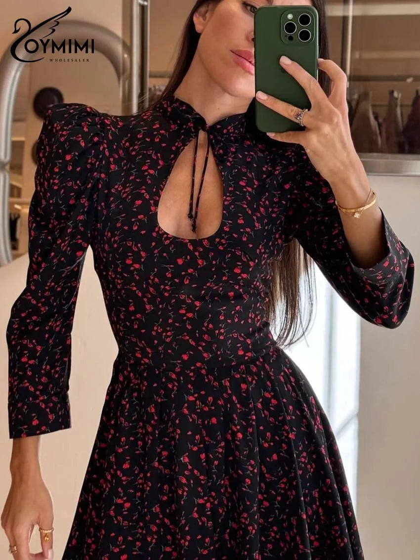 Oymimi Elegant Black White Womens Dresses Fashion Three Quarter Sleeve Hollow Out Dresses Casual High Waisted Mini Dress Female