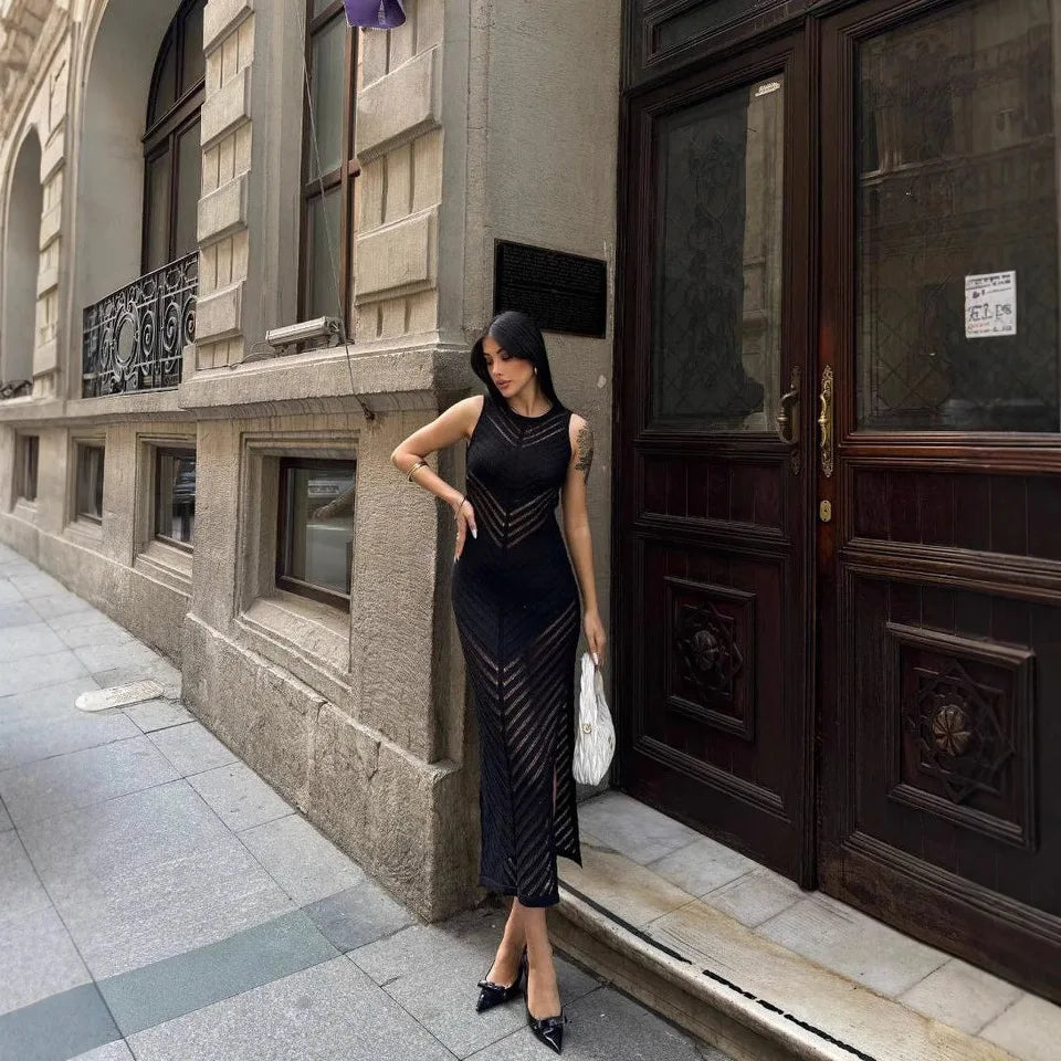 White Ankle Length Hollowed Out O Neck Sleeveless Dress for Women