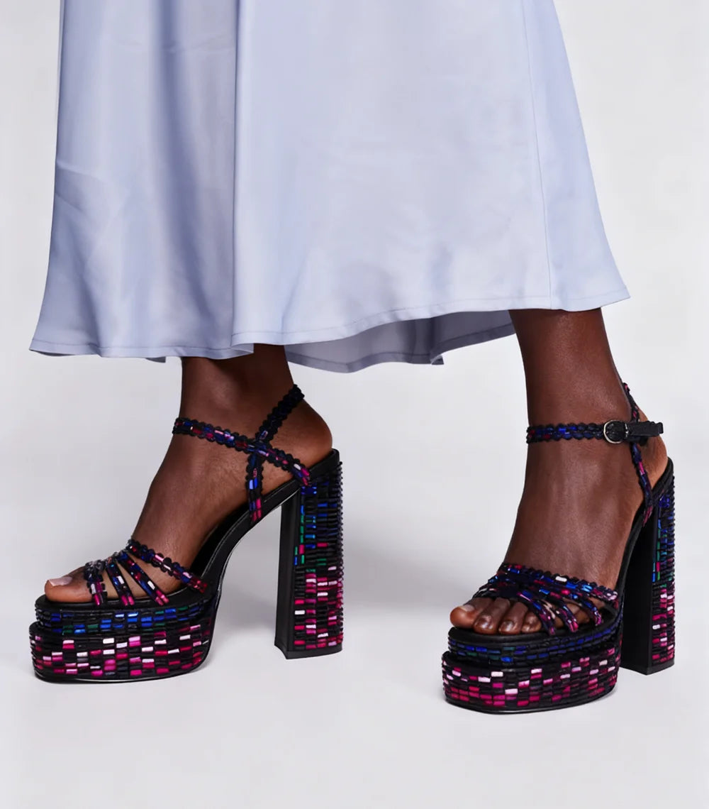Black Crystal Chunky Platform Sandals