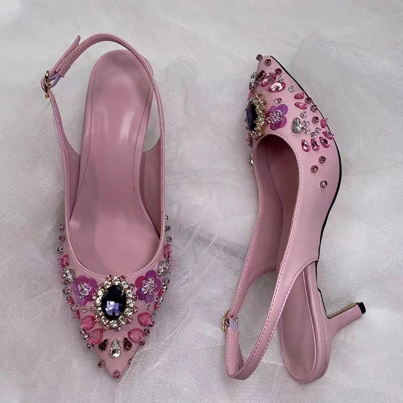 Elegant Pink Floral Rhinestone Slingback Wedding High Heels Pumps for Women