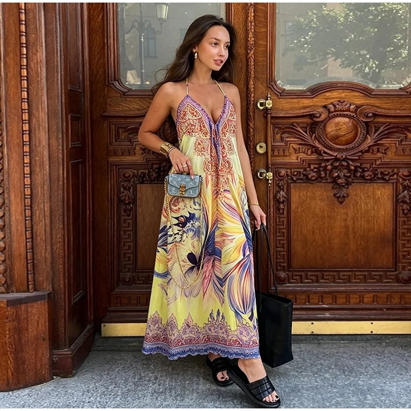 Beach Print Halter Neck Backless Long Dress for Women