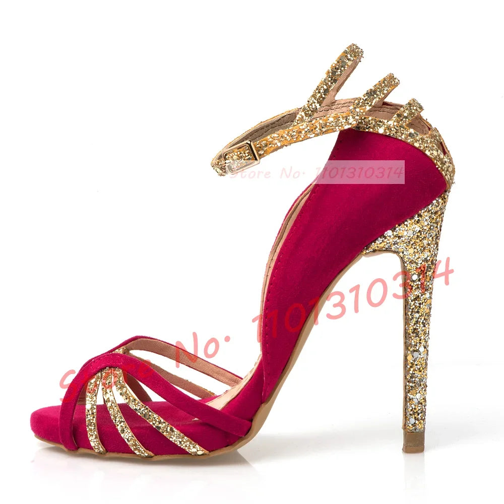 Fuchsia Suede Glitter Cross Strap Sandals for Women