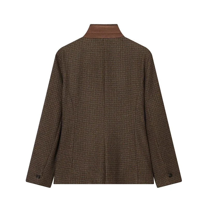 Elegant Grid Stand Collar Loose Single Breasted Woolen Coat for Women