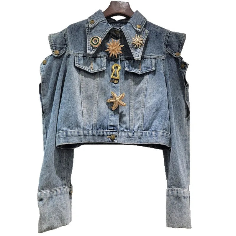 Hollow Out Short Denim Jacket With Metal Buckle Buttons For Women