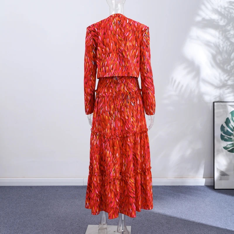 Printed Halter Neck Maxi Dress and Cropped Jacket Set for Women