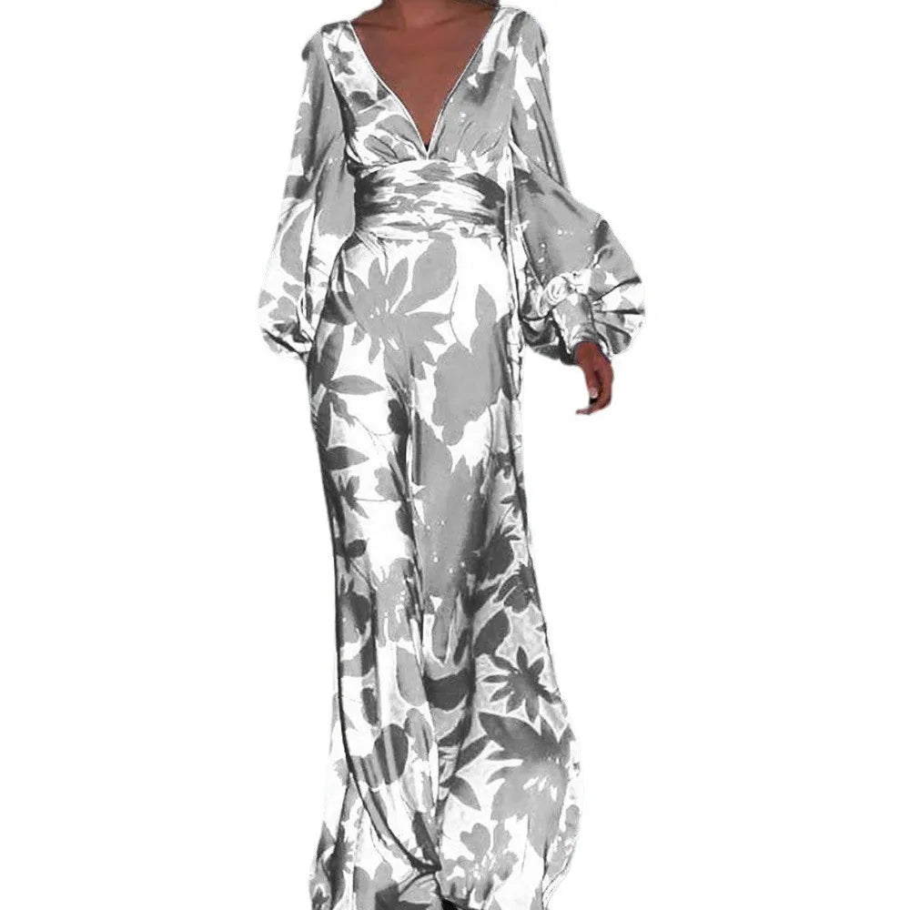 Printed Dress For Women V-neck Sexy High Waist Lantern Sleeve Ladies Fashionable Vestidos Autumn New Long Evening Dresses