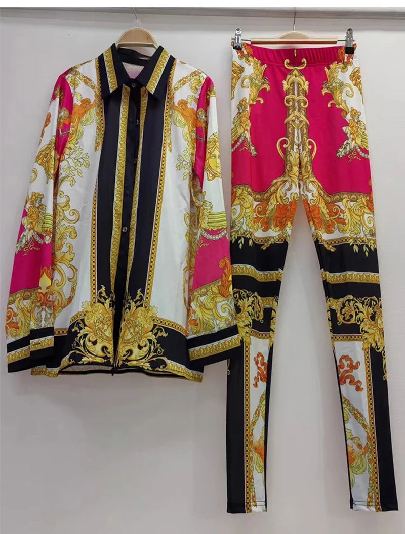 Retro Print Lapel Shirt Two Piece Suit