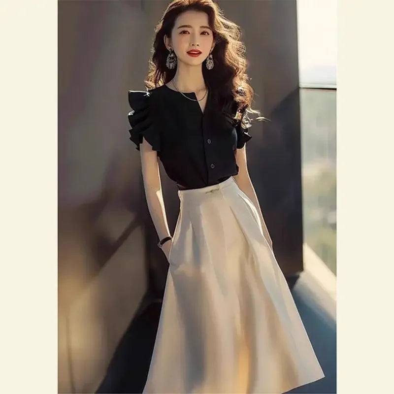 Woman Outfit Chiffon Beach Long Sleeve Skirt Black 2 Pieces Sets for Women Elegant Casual Stylish Y2k Clothes Chic New Matching