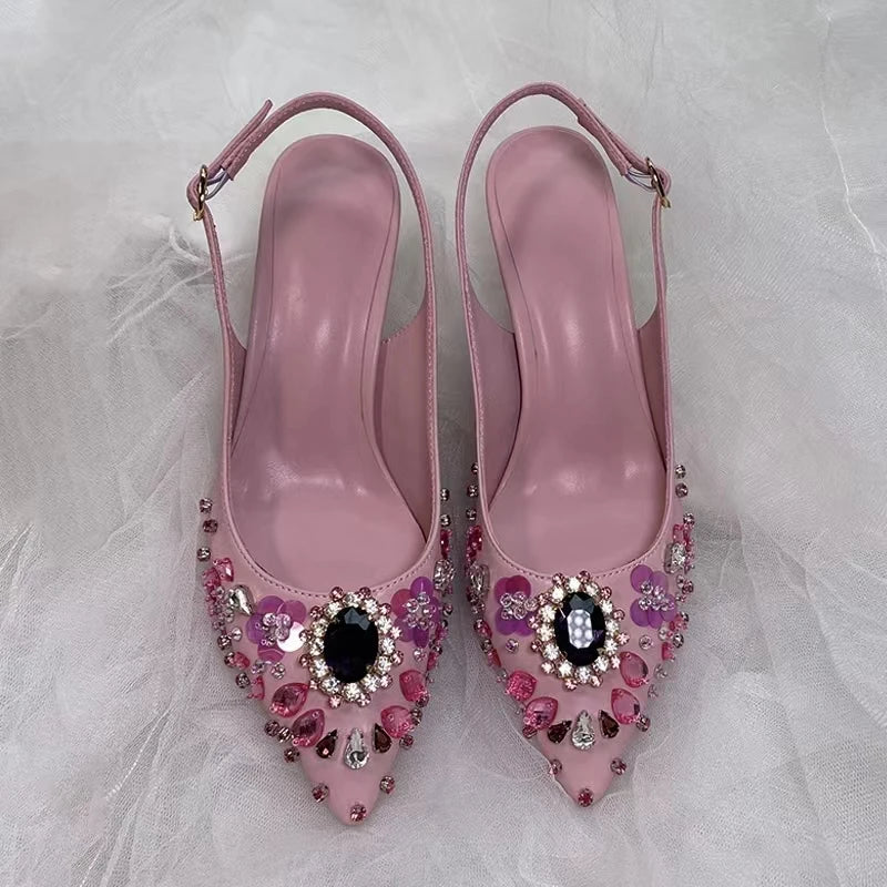 Elegant Pink Floral Rhinestone Slingback Wedding High Heels Pumps for Women
