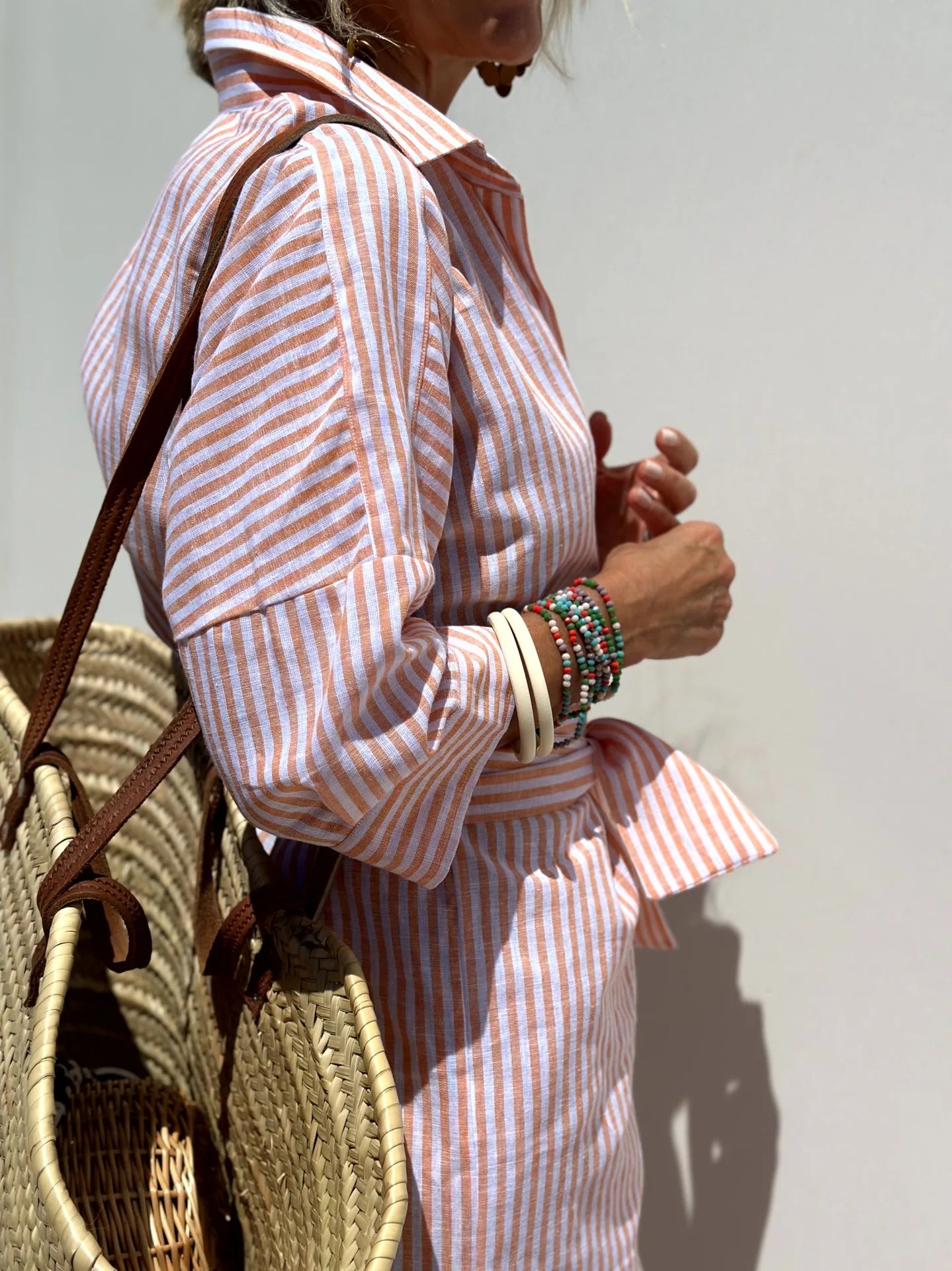 Striped Belted Ankle Length Half Sleeves Lapel Dress for Women