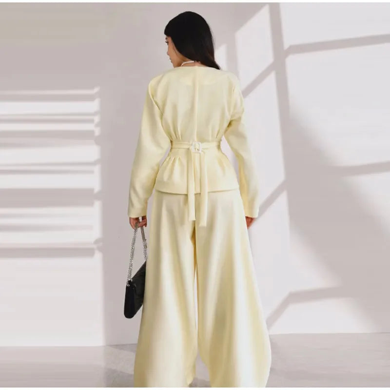V-Neck Ruffle Coat and Wide Leg Pants Two-Piece Set for Women