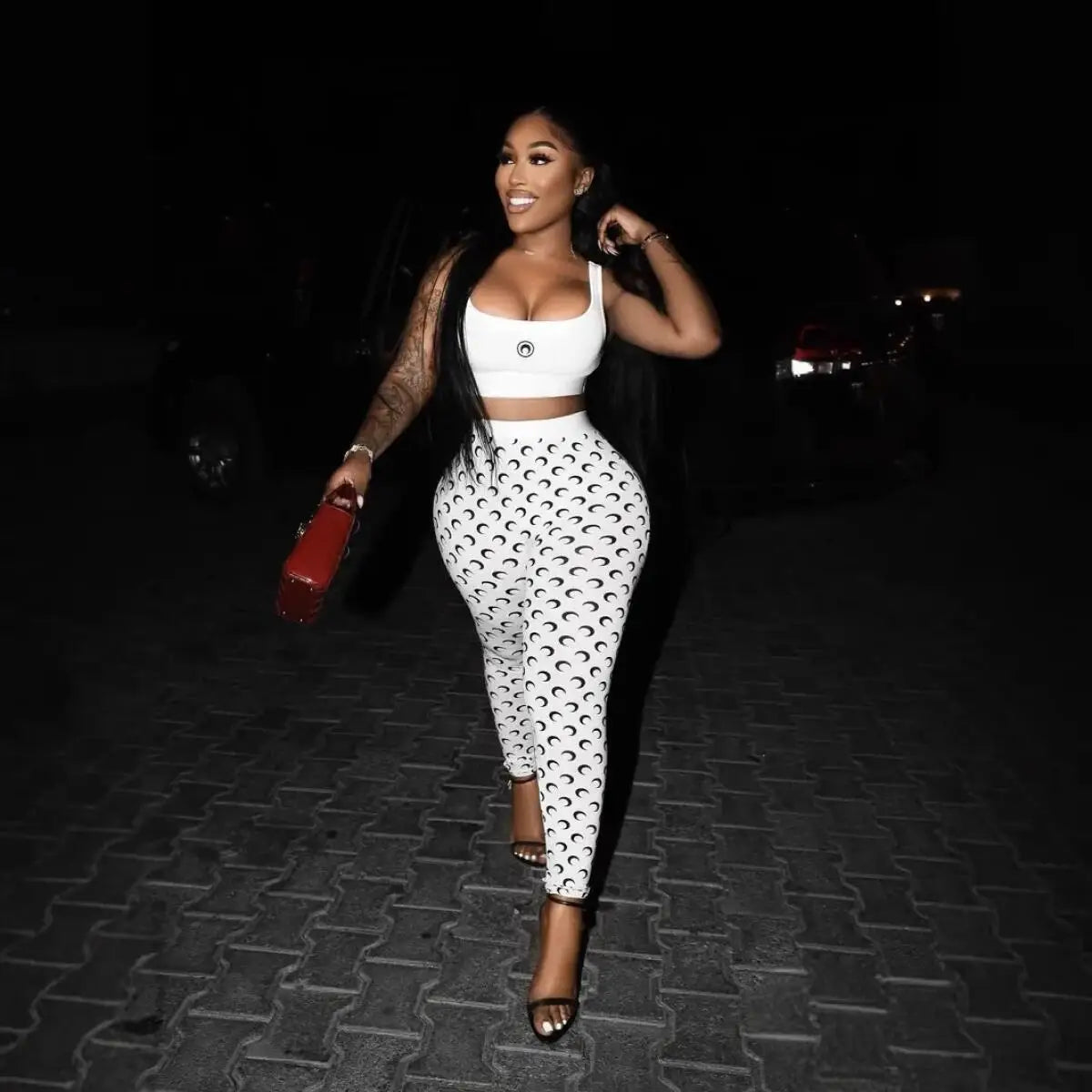 Y2K Crescent Print Slim Fit Two Piece Pants Set for Women