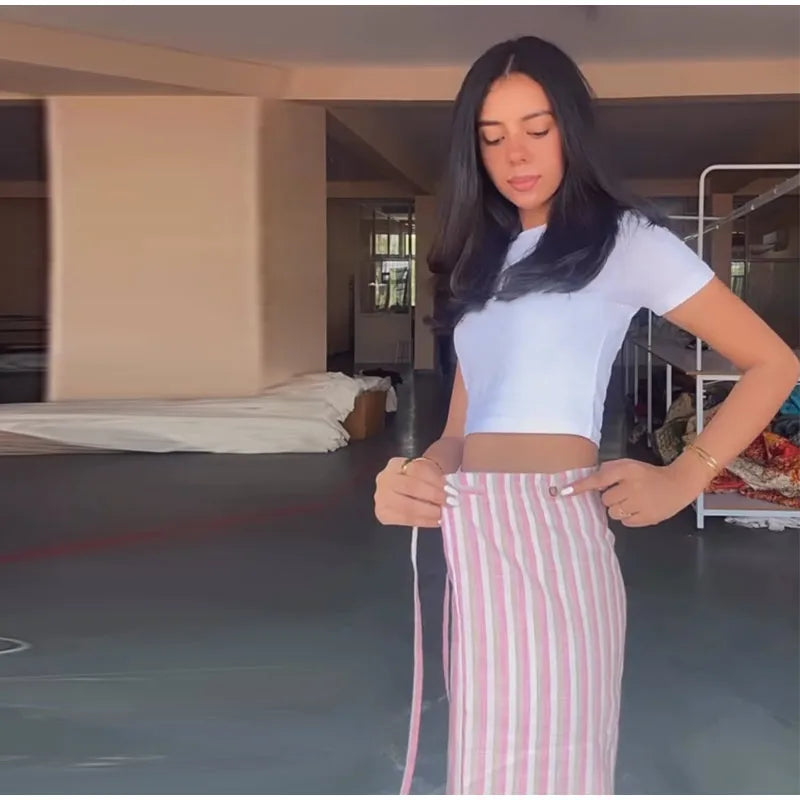 Pink And White Striped Wide Leg Pants With Sash Belt for Women