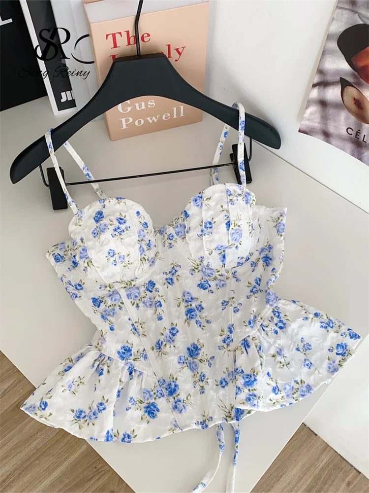 French Corset Print Ruffle Strap Tank Top for Women