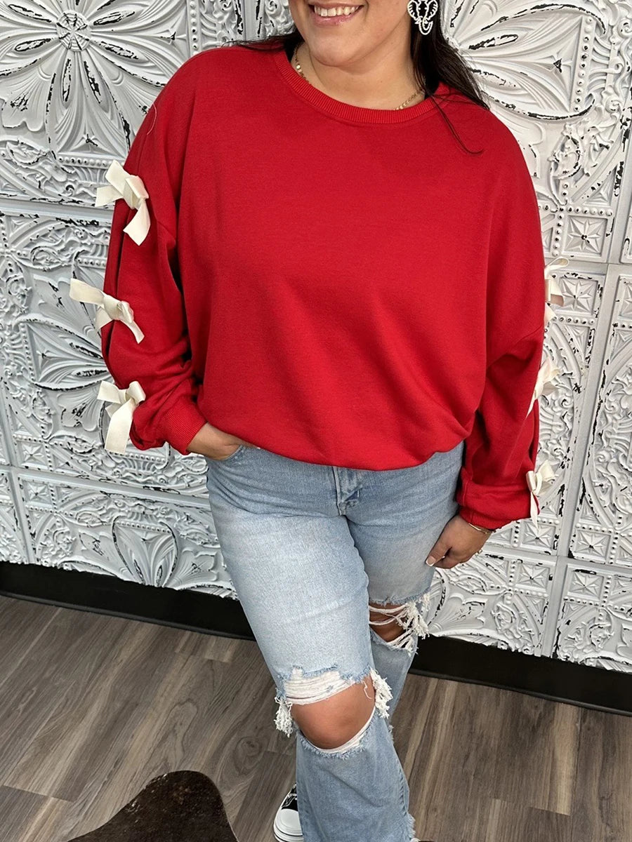 Christmas  Women’s Oversized Bow Decoration Hoodie Sweatshirts Long Sleeve Round Neck Loose Fit Pullover Tops with Bows