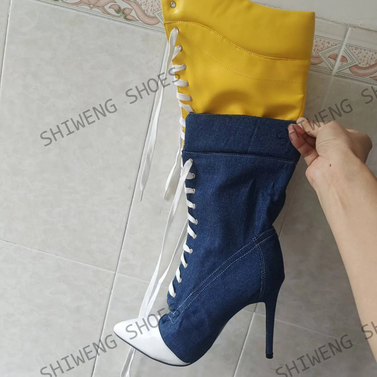 Patchwork Canvas Knee Boots