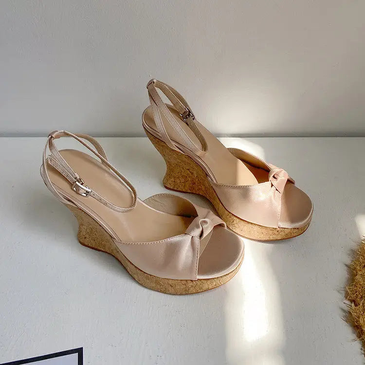 Summer Satin Peep Toe Slingback Wedge Platform Bow Sandals for Women