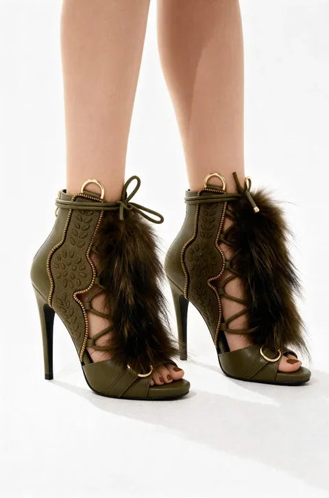 Feathered Fringe Stiletto Heels with Peep Toe for Women
