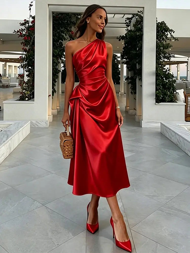 Charming One Shoulder Ruched Waist Satin Midi Dress For Women