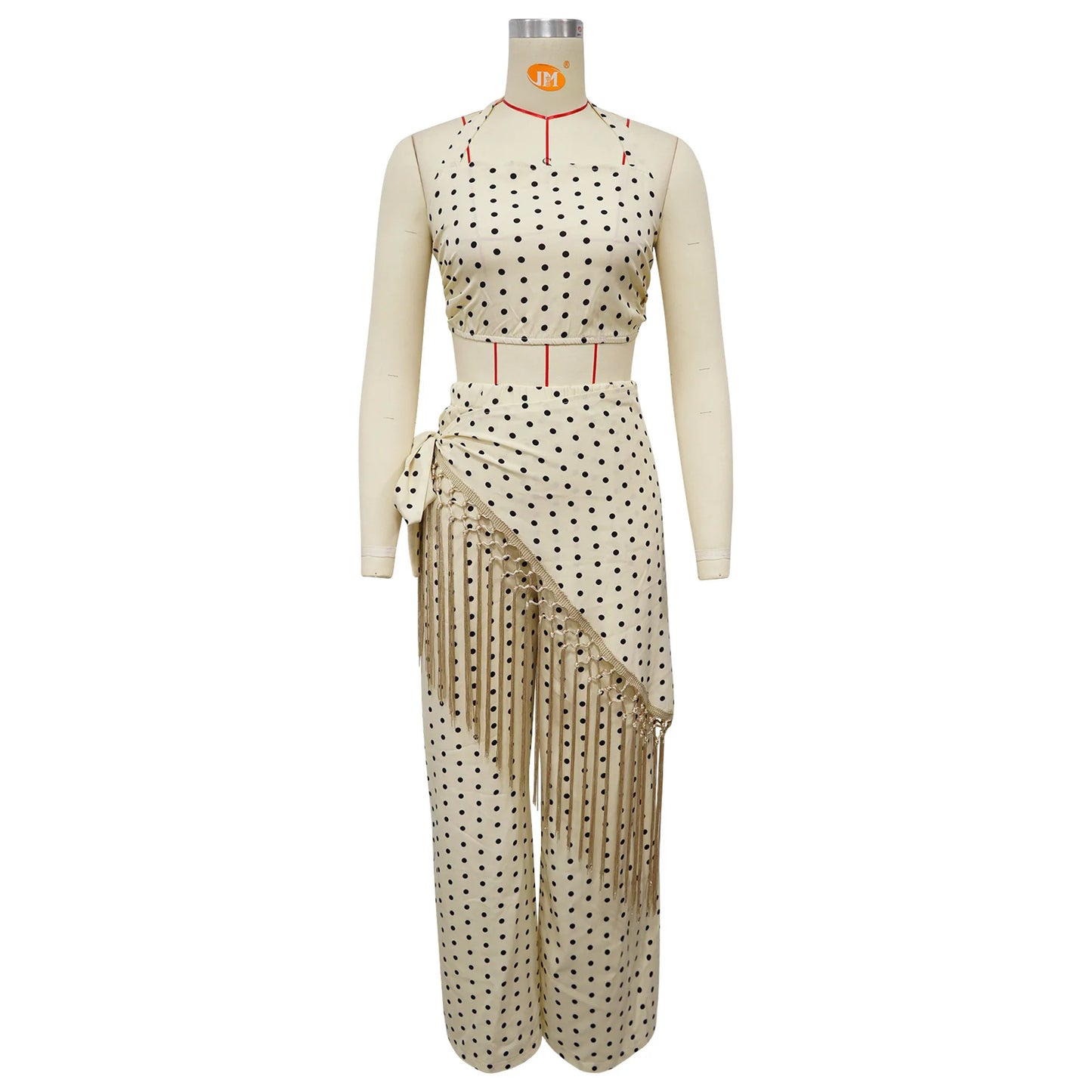 Polka Dot Print Halter Crop Top Tassel Fringe Two Piece Outfit for Women