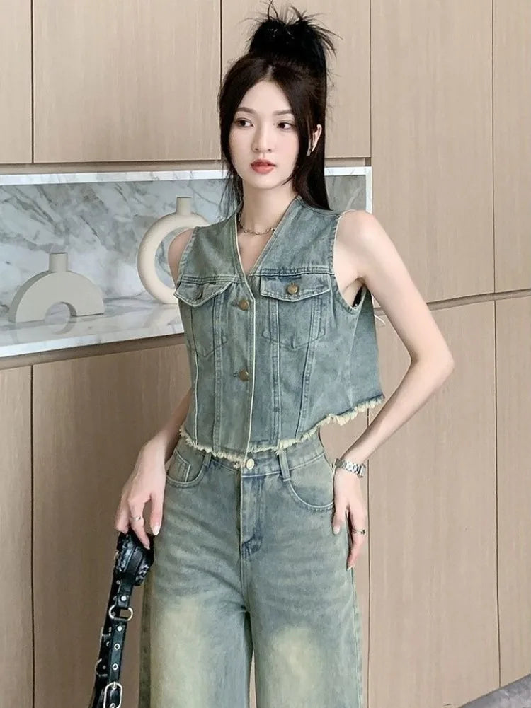 Frayed Denim Vest High Waisted Pants Set Sleeveless Jean Vest Top with Wide Leg Tapered Cropped Pants for Women Summer Outfit