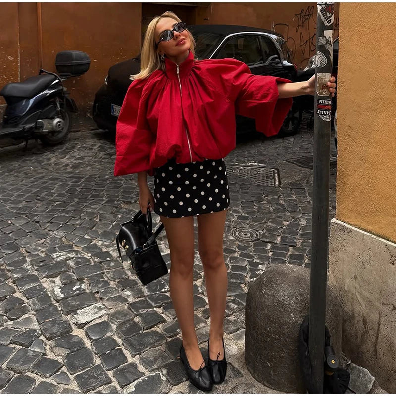 Zip Up High Neck Puff Sleeve Cropped Jacket For Women