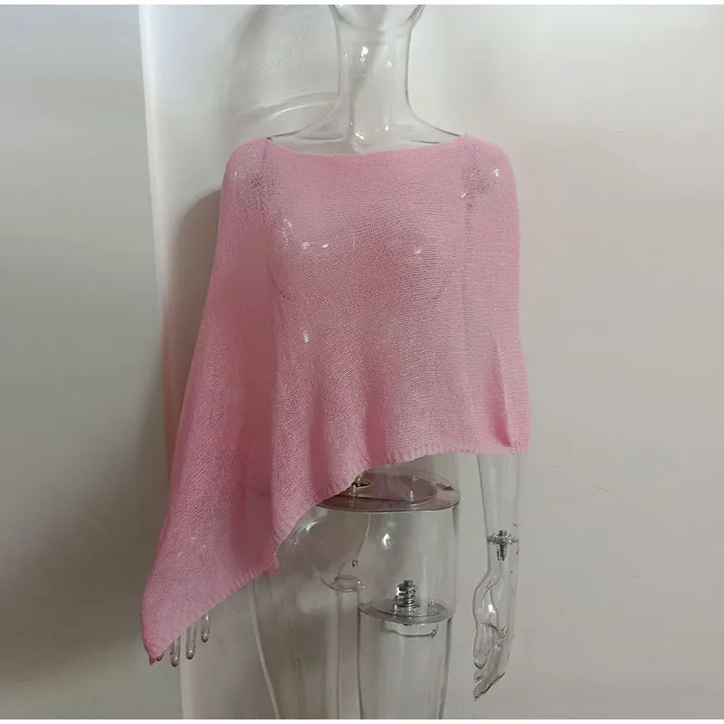Sheer Knit O Neck Asymmetrical Loose Blouse for Women