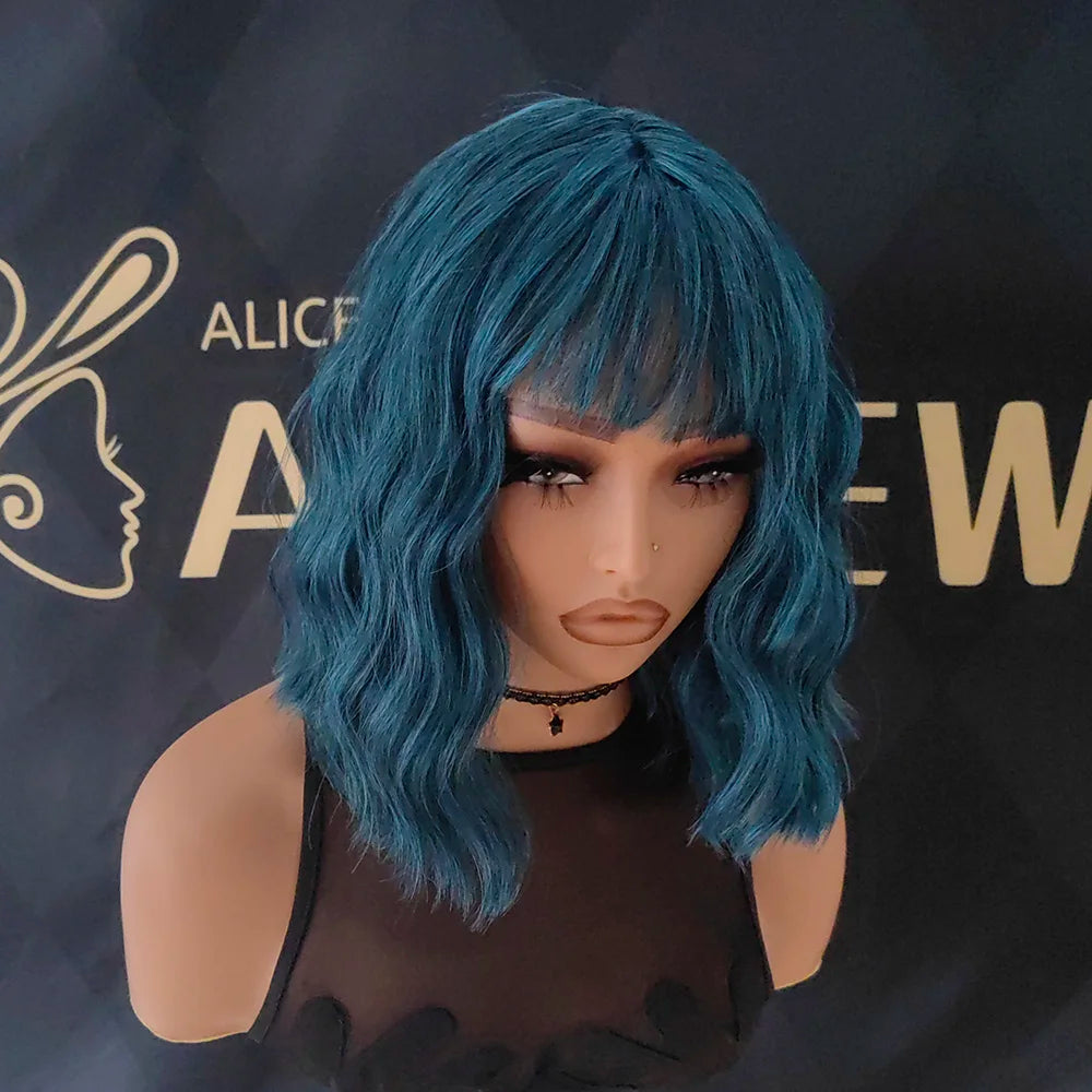 Heat Resistant Blue Body Wave Bob Wig With Bangs For Women