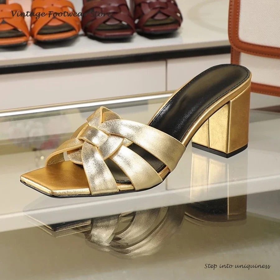 Interwoven Strap Square Toe Block Heel Mules for Women