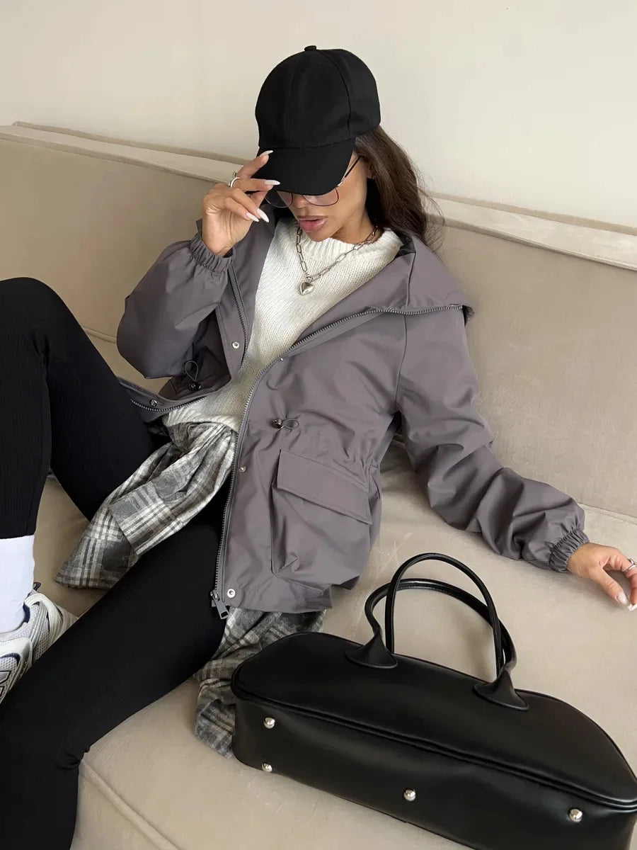 Hooded Hardshell Jacket With Pockets And Zipper for Women