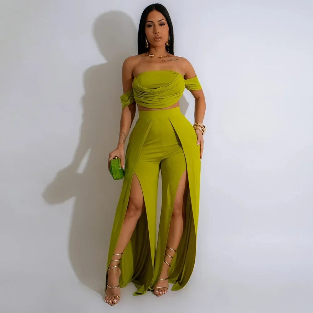 Ruched Slash Neck Top and Wide Leg Pants Set for Women