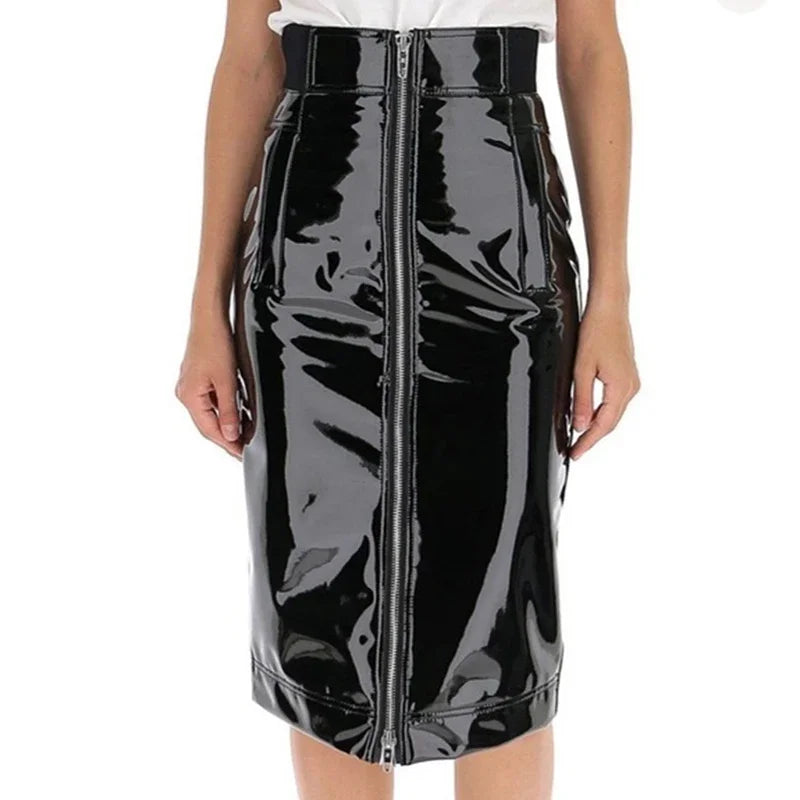 Gothic Glossy Patent Leather High Waist Pencil Skirt For Women