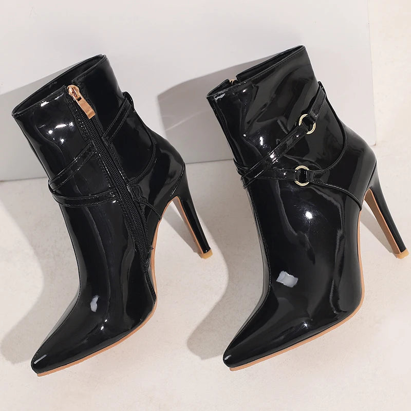 Glossy Patent Leather Pointed Toe Stiletto Ankle Boots for Women