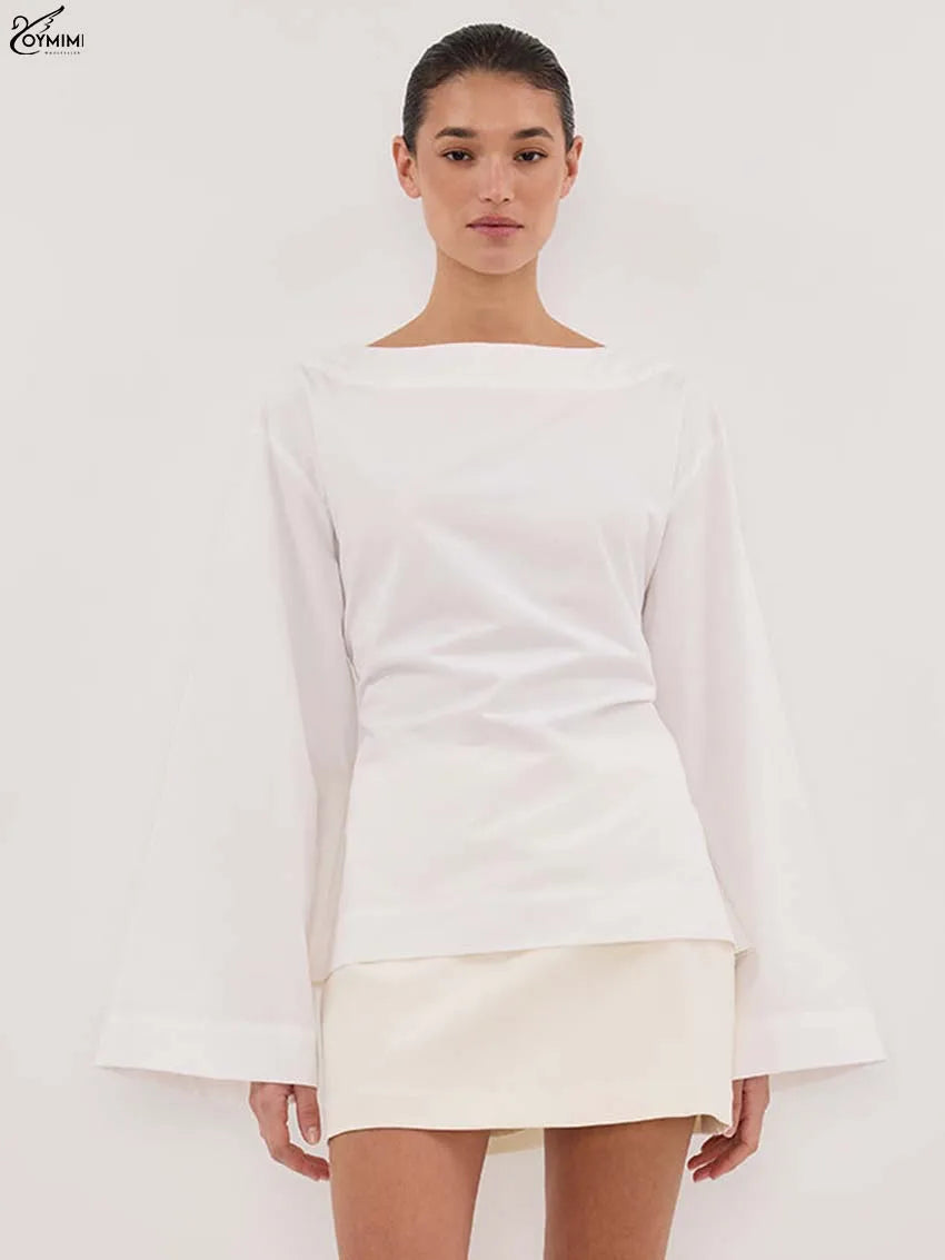 Oymimi Fashion Black Cotton Women's Blouse Elegant O-Neck Long Sleeve Loose Blouses Casual New Solid Lace-Up Blouses Streetwear