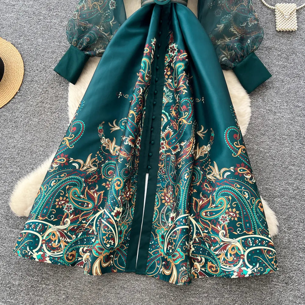 Elegant Printed Mesh Spliced A Line Maxi Dress for Women