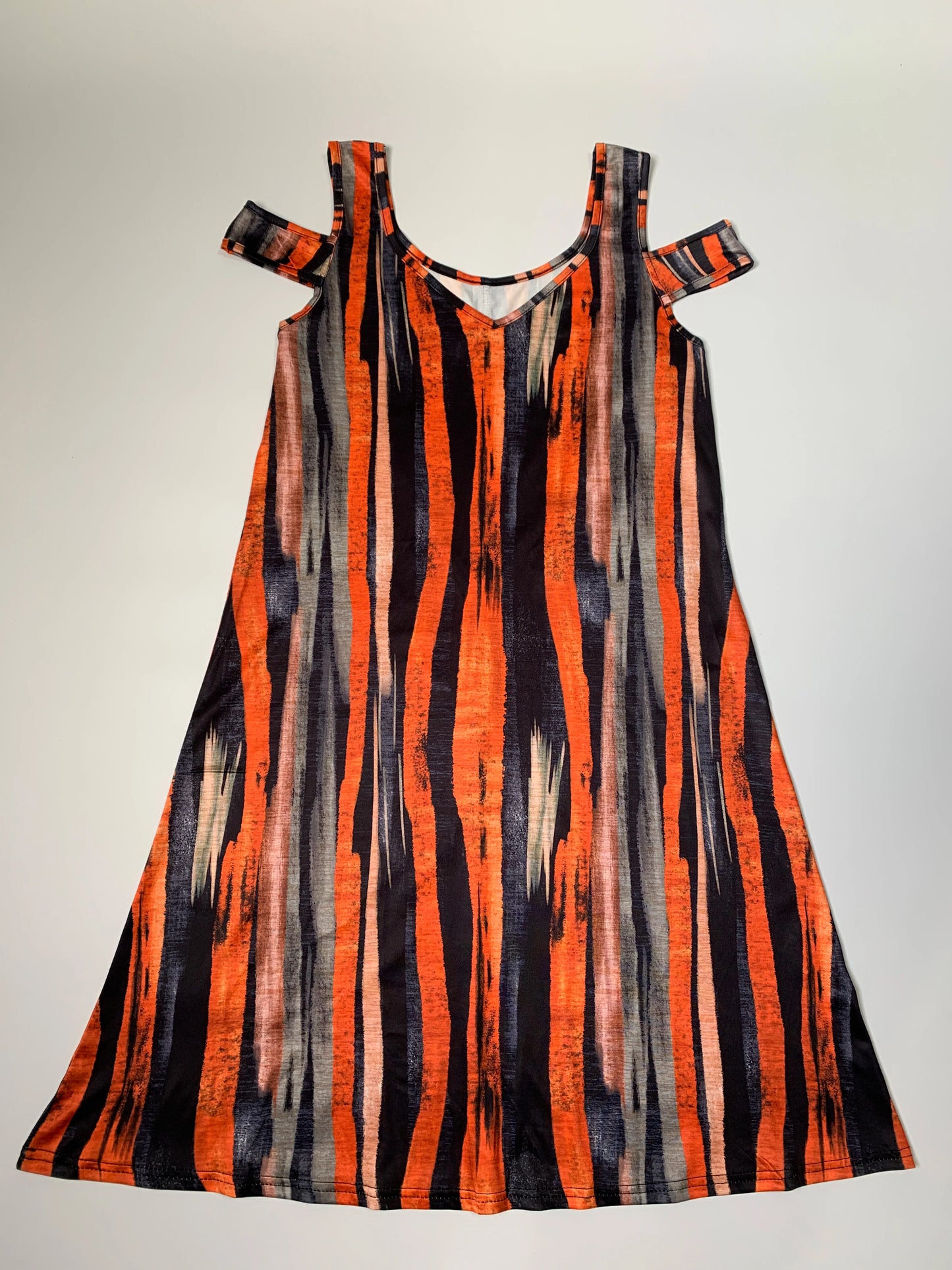 Women's Off - Shoulder V - Neck Striped Dress, Colorful Abstract Pattern, Casual Summer & Beach Wear